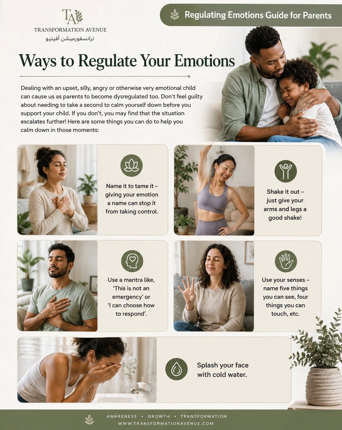 Ways parents can regulate their own emotions: name it, shake it out, mantras, senses