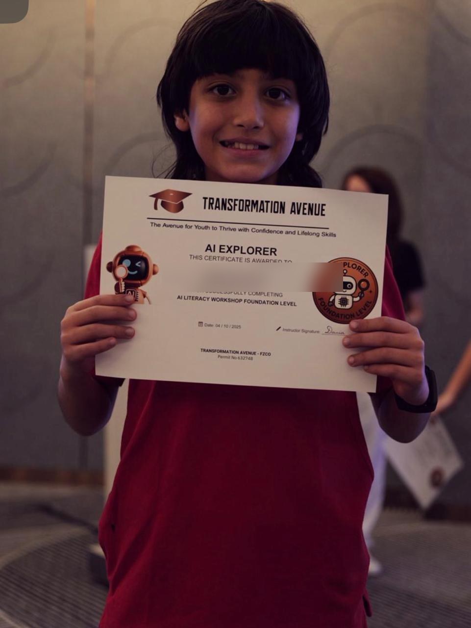 Happy child holding an AI Explorer certificate from Transformation Avenue Dubai